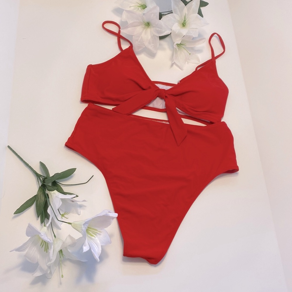 Honlyps Tie Bikini High Waisted Two Piece Red Size X-Large